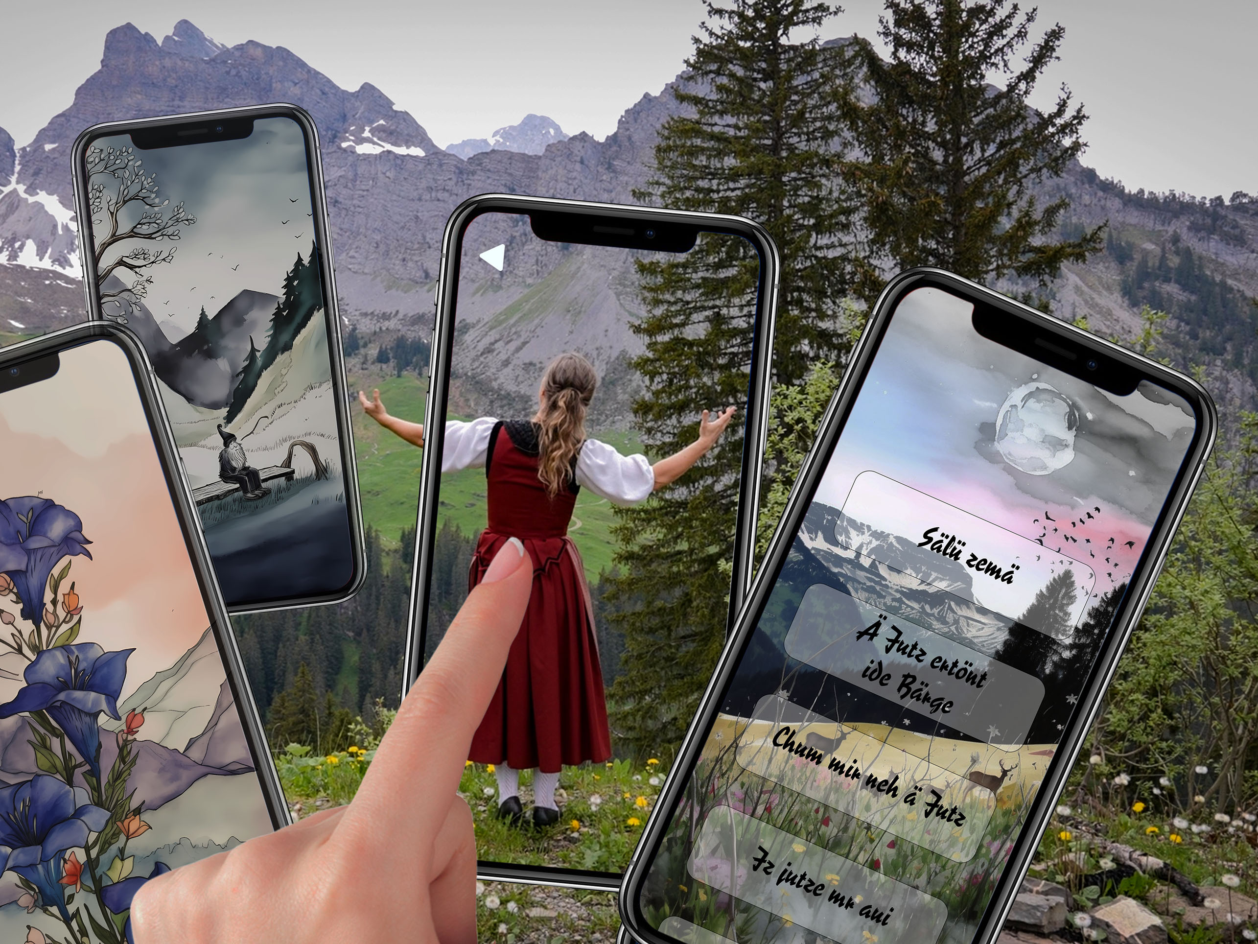 Fotomontage mit mehreren App-Ansichten, ein Zeigfinger zeigt auf die Darstellung der Miss Helvetia