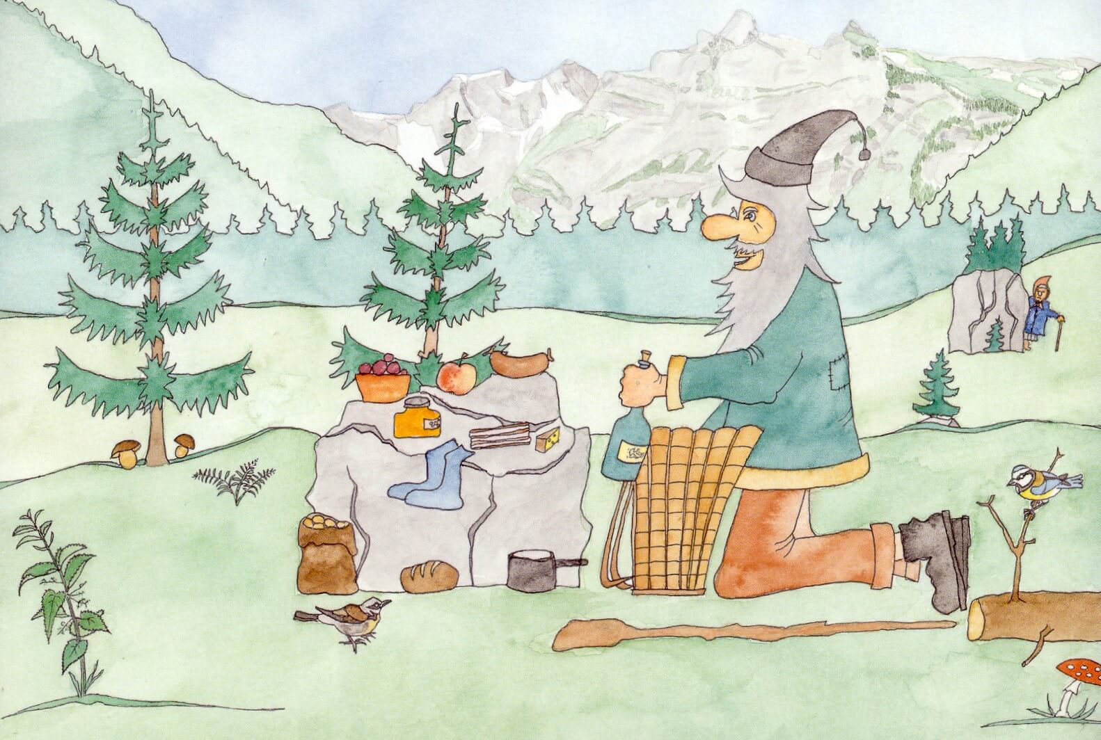 Zeichnung des Grimmimutz, wie er draussen in der Natur sein Picknick auspackt