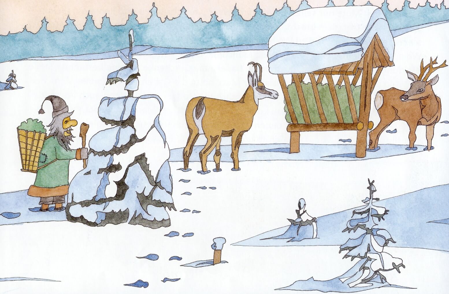 Originalzeichnung des Grimmimutz, wie er im Winter die Tiere füttert