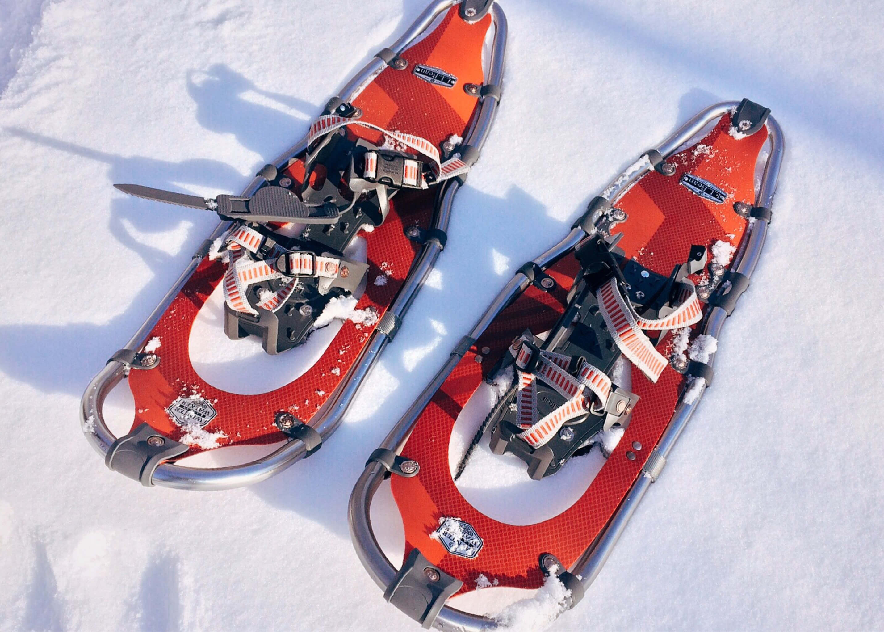 Foto zwei rote Schneeschuhe liegen auf dem Schnee - zum Foto