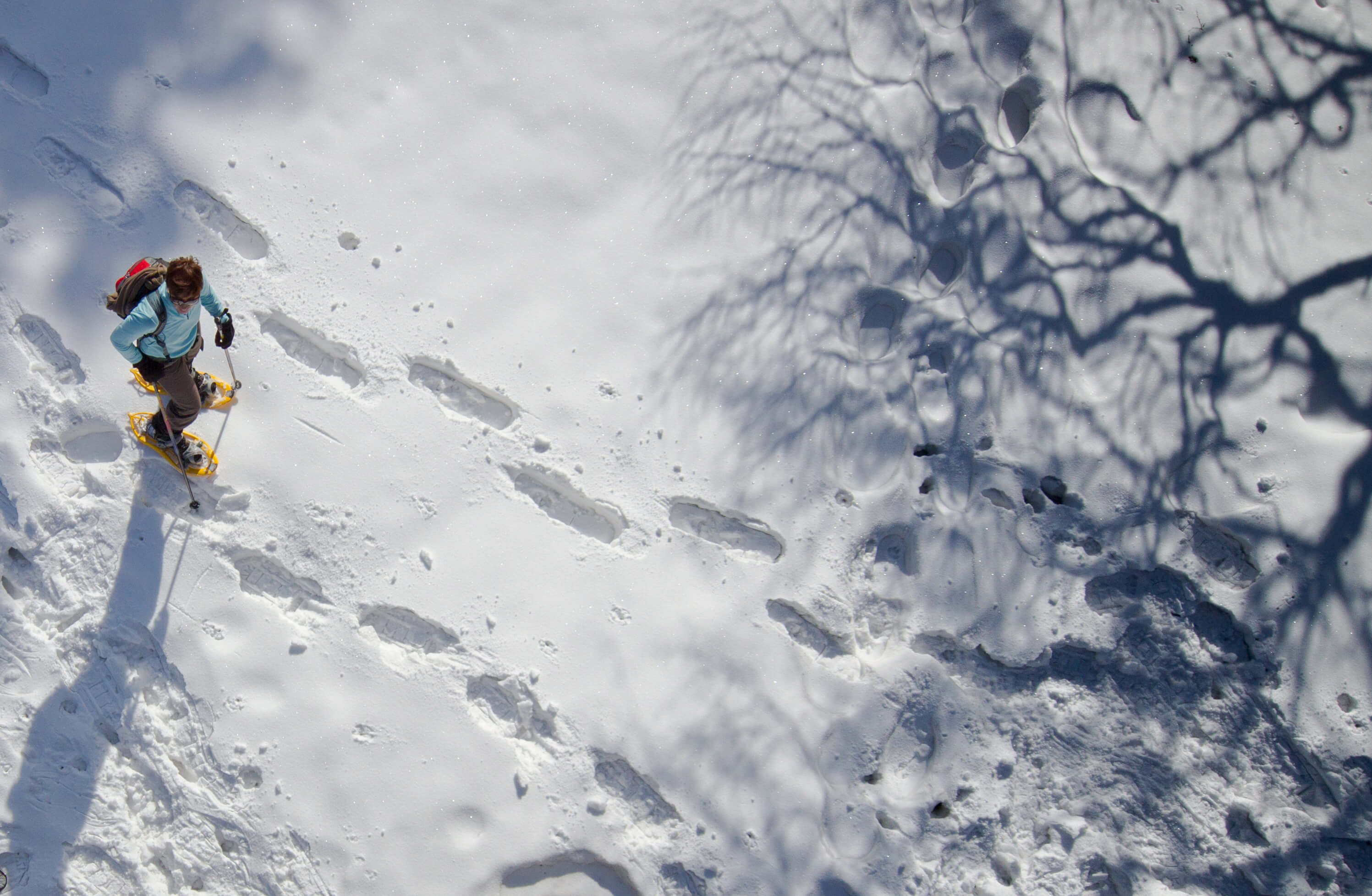 Foto Frau unterwegs mit Schneeschuhen, Ansicht von oben - zum Foto