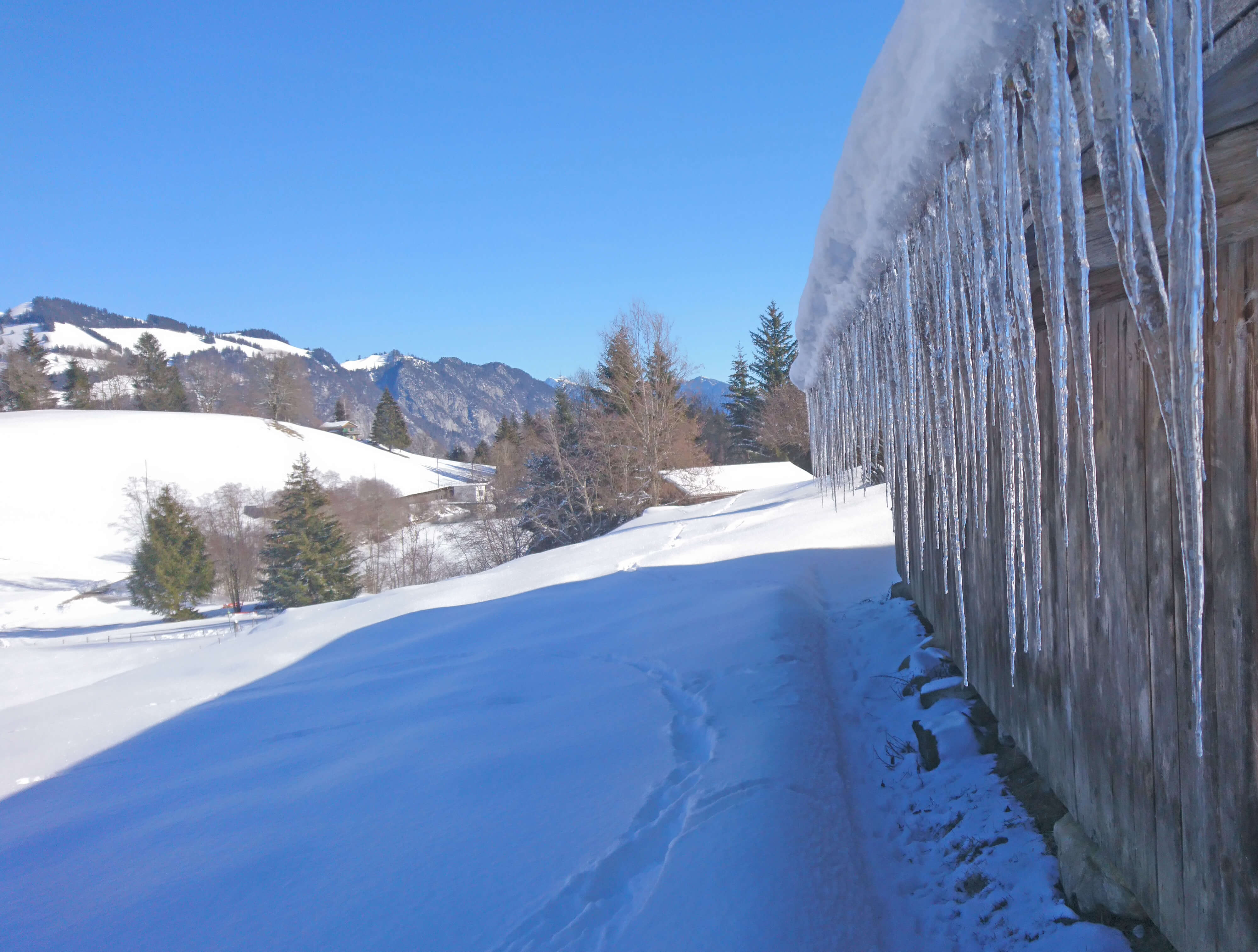 Foto Hütte mit riesigen Eiszapfen, die vom Dach herunterhängen - zum Foto