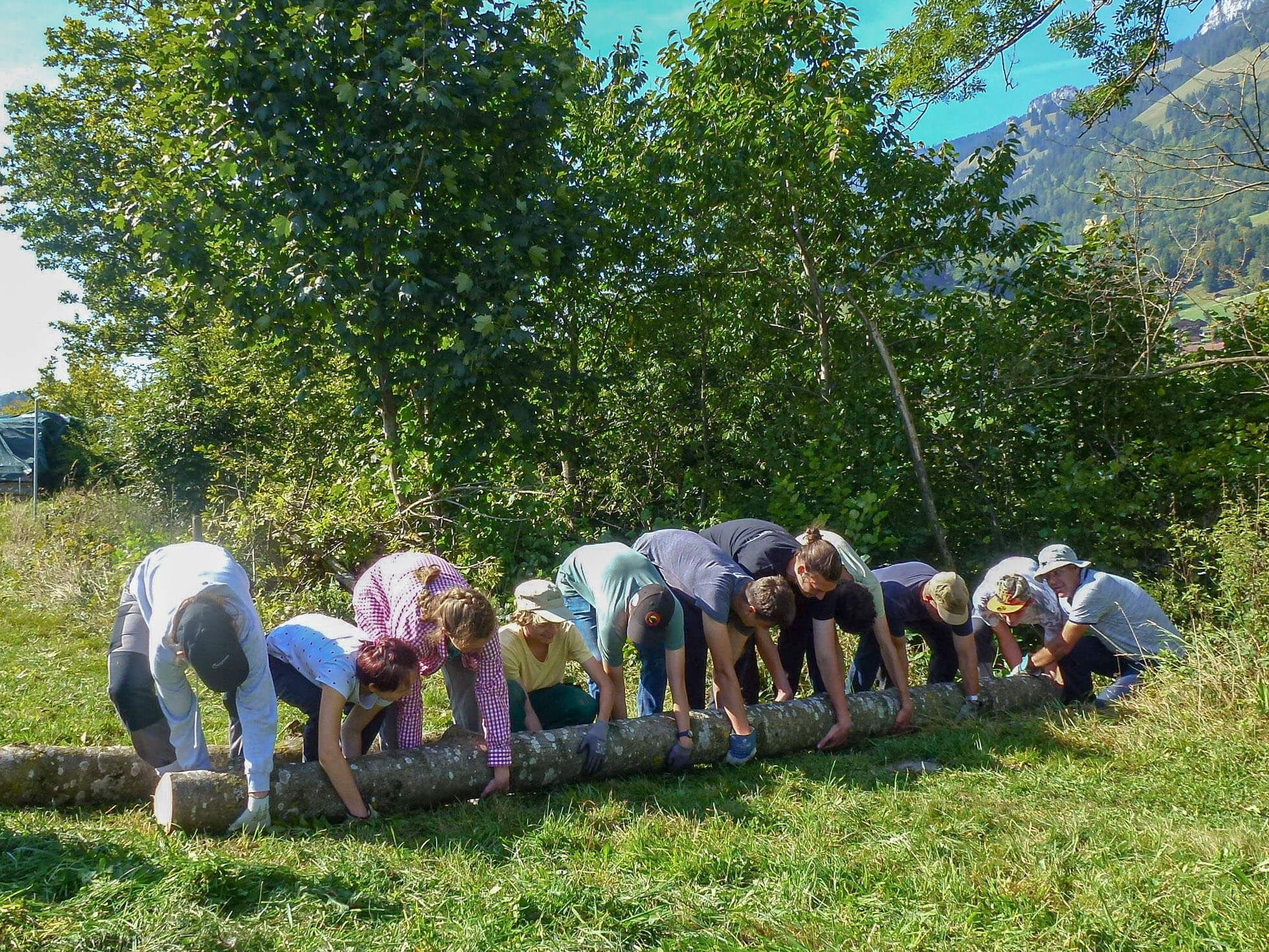 Foto Eine Gruppe Menschen hebt einen Baumstamm an - zum Foto