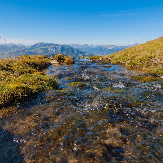 Photo ruisseau au premier plan et sommet de montagne en arrière-plan - vers la photo