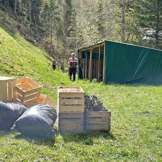 Foto Das Füllmaterial für den Lebensturm muss herangeschafft werden - zum Foto