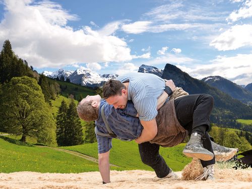 Zwei Schwinger im Kampf. Im Hintergrund das Panorama von Springenboden