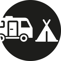 Piktogramm mit Wohnwagen und Zelt