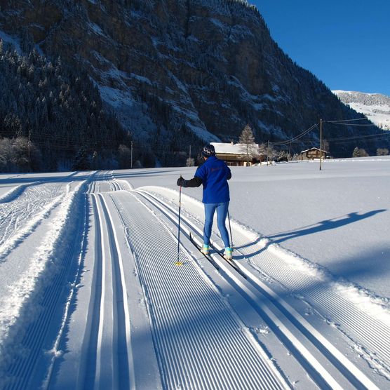 Photo Femme de dos courant en style classique sur la piste de ski de fond - voir la photo