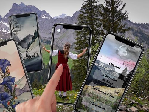 Fotomontage mit mehreren App-Ansichten, ein Zeigfinger zeigt auf die Darstellung der Miss Helvetia